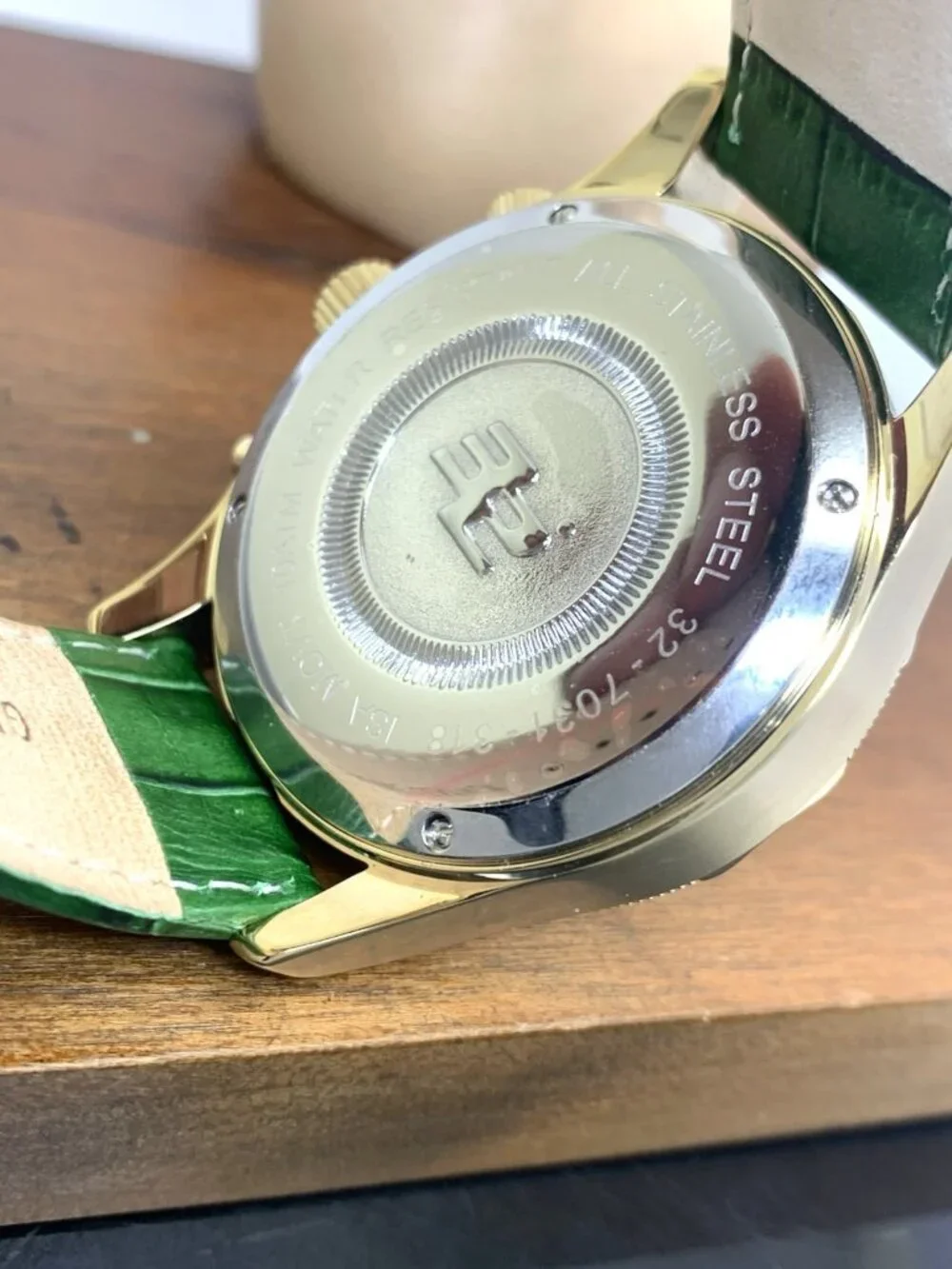 32 Degrees Men's Watch Swiss Quartz Gold Tone Case Green Dial Leather 43mm